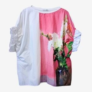 Zara White Combined Floral Oversized short sleeves top Medium